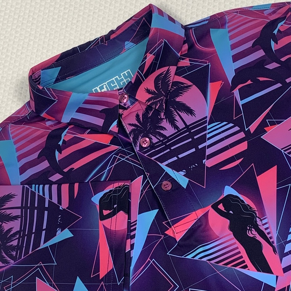 Lofty Llama Miami Slice Polo Men’s Large Vaporwave Golf Shirt Retro
